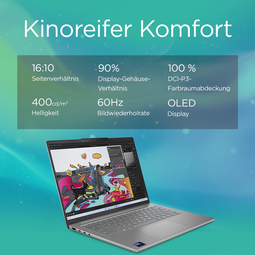 Lenovo IdeaPad Slim 5i Laptop | Copilot+ PC | 14" WUXGA OLED Display | Intel Core Ultra 9 185H | 1TB SSD | 32GB RAM | Intel Arc Grafik | QWERTZ | Beleuchtet | Win11 | Grau | 3 Monate Premium Care 4