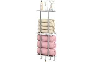 CHJGROUP Bathroom Towel Storage, Towel Racks for Bathroom with 3-Tier Shelf & 4 Hooks, Towel Holder for Bathroom Wall for Rolled Bath Towels, Brushed Nickel
