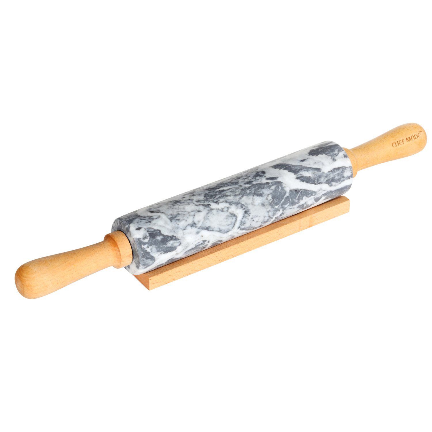 CHEFMADE 18-Inch Marble Rolling Pin with Wooden Handles and Cradle, Non-stick FDA Approved (Gray and White)