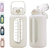 chunmo 74 oz Glass Water Bolttles with Straw Large Motivational Water Bottle with Time Marker Sports Water Bottles with Silicone Sleeve and Handle Lid 2.2L Water Jug for Gym Workout