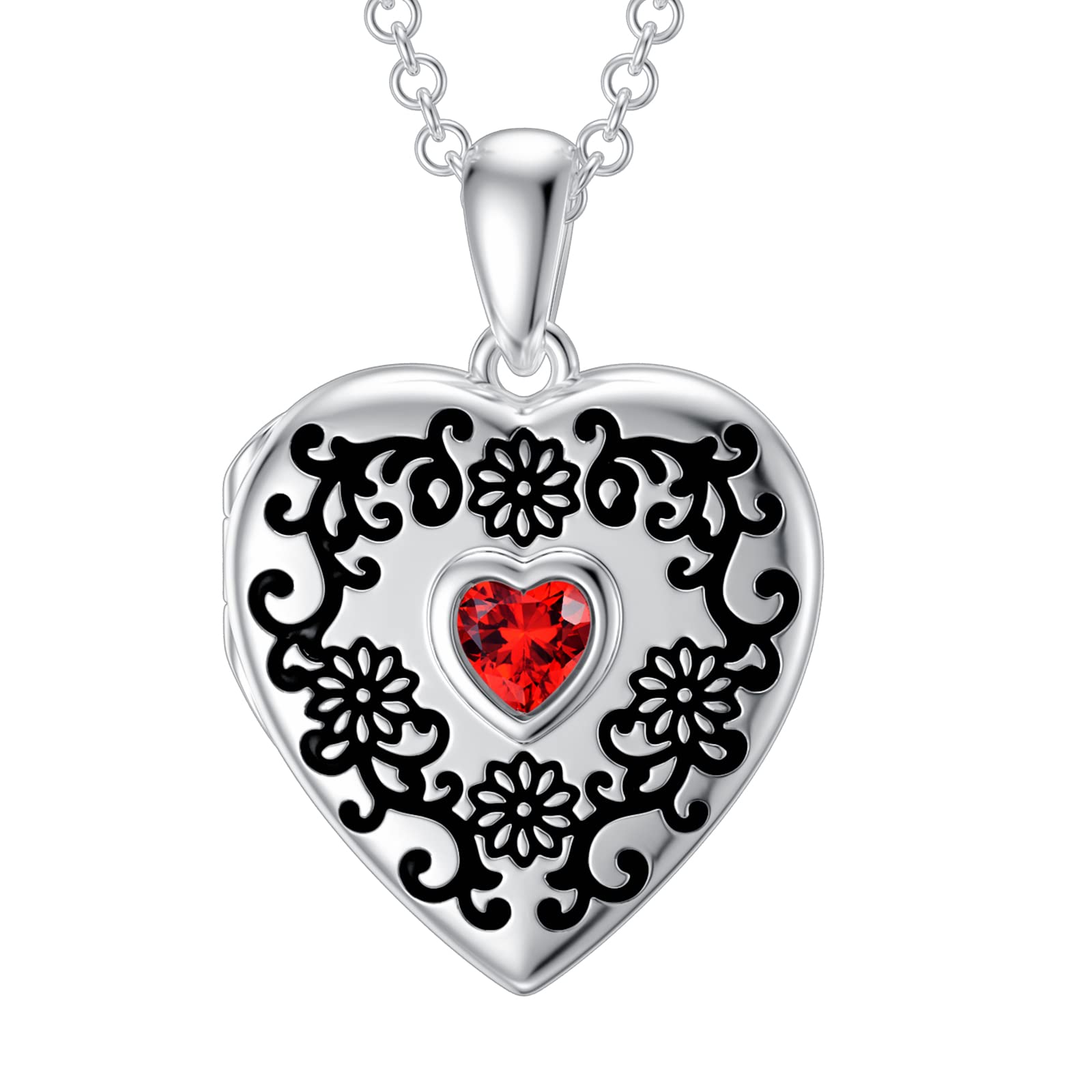 SOULMEET Sterling Silver Sunflower Birthstone Locket Necklace That Holds 1 Picture Photo Heart Locket with Cubic Zirconia Ruby Crystal (Locket only)