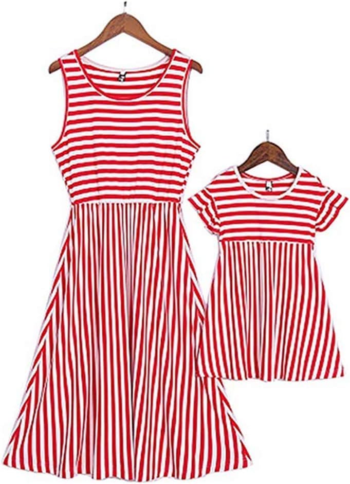 Mother and Daughter Family Matching Dress,Sleeveless Ruffle Sleeve Striped Slim Sundress Summer Dress