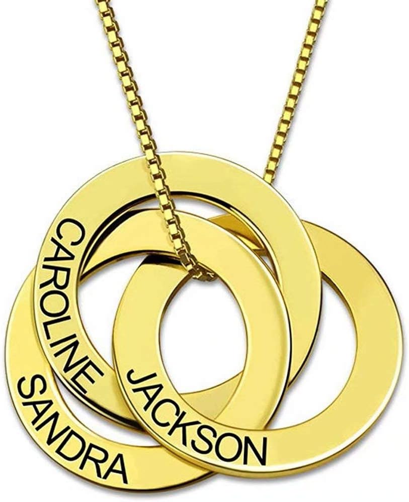 Custom 3 Circle Mothers Day Russian Ring Name Necklace Personalized with Engraving Gold -Disc Necklace