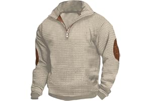 Hugncmy Casual Long Sleeve Shirts for Men Button up Pullover Mock Neck Long Sleeve Sweatshirts with Elbow Patches