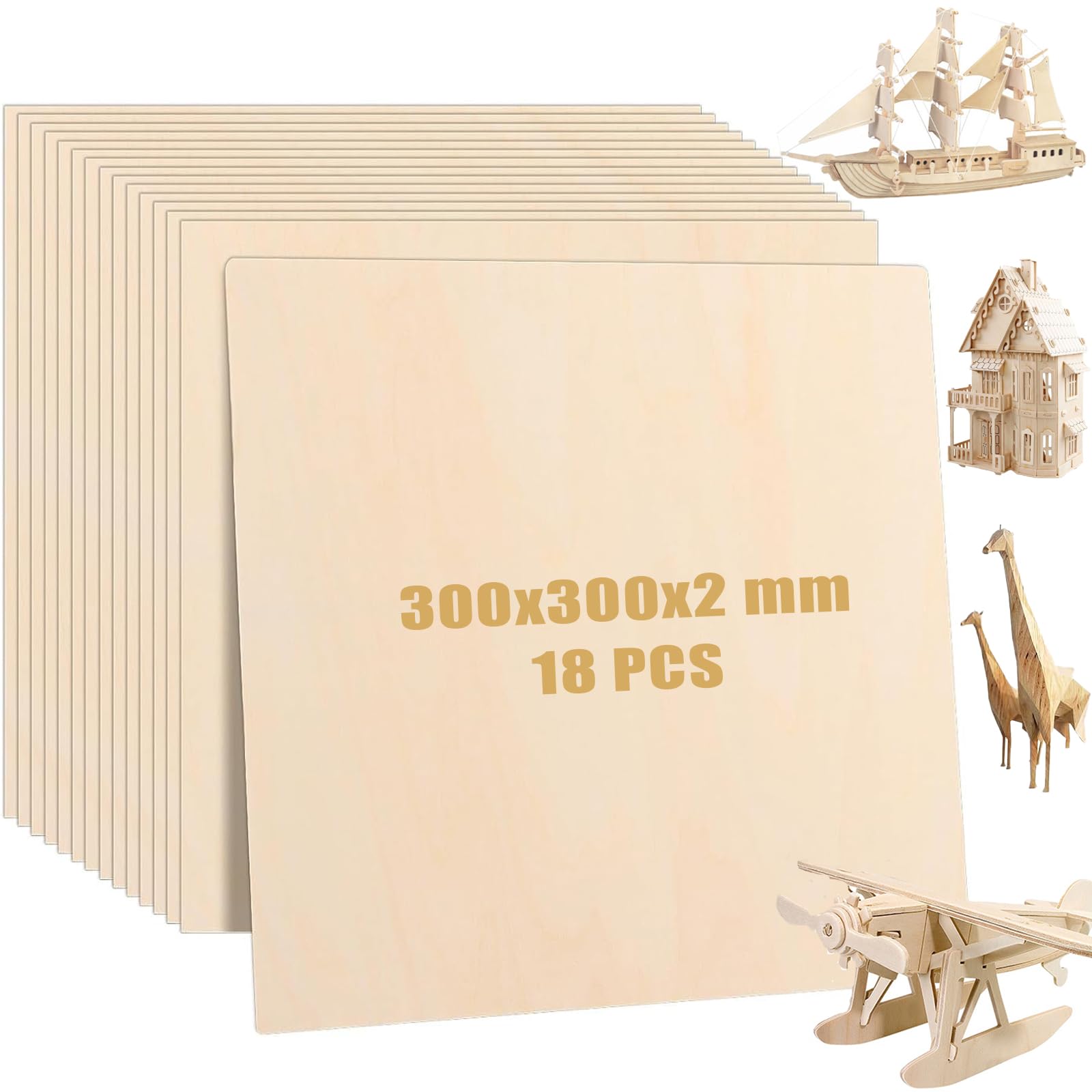 MUXHEL 18PCS Plywood Sheets 300 x 300 x 2mm Plywood Boards Unfinished Poplar Wood Sheet Plywood Sheets for Crafts, Arts, Painting, Home Decor, DIY & Engraving
