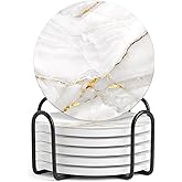 6 Pcs Ceramic Coasters with Holder Absorbent Drink Coasters Round Ceramic Table Coasters Set Decorative Coffee Cup Beverage Coasters Wine Beer Bar Coasters Gold Marble