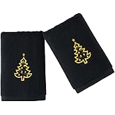 YiLUOMO Christmas Tree Embroidered Hand Towels Black Set of 2 Super Thick Luxury 100% Cotton Ultra Soft Highly Absorbent Decorative Bathroom Hand Towel, 13 X 29 Inch