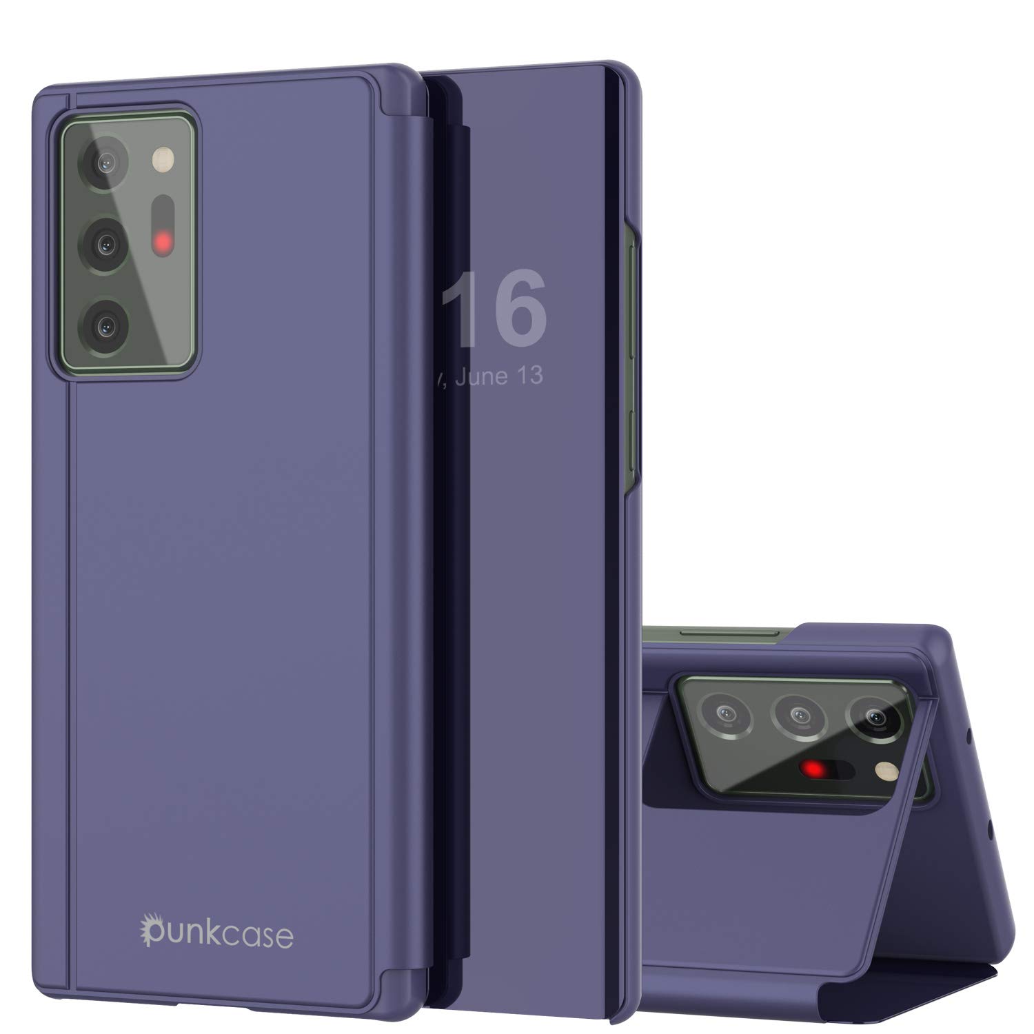 Punkcase Note 20 Ultra Reflector Case Protective Flip Cover W/Scratch Resistant Translucent Mirror Front & Non-Slip PU Leather Back Integrated Kickstand for Galaxy Note20 Ultra 5G (6.9") (Purple)