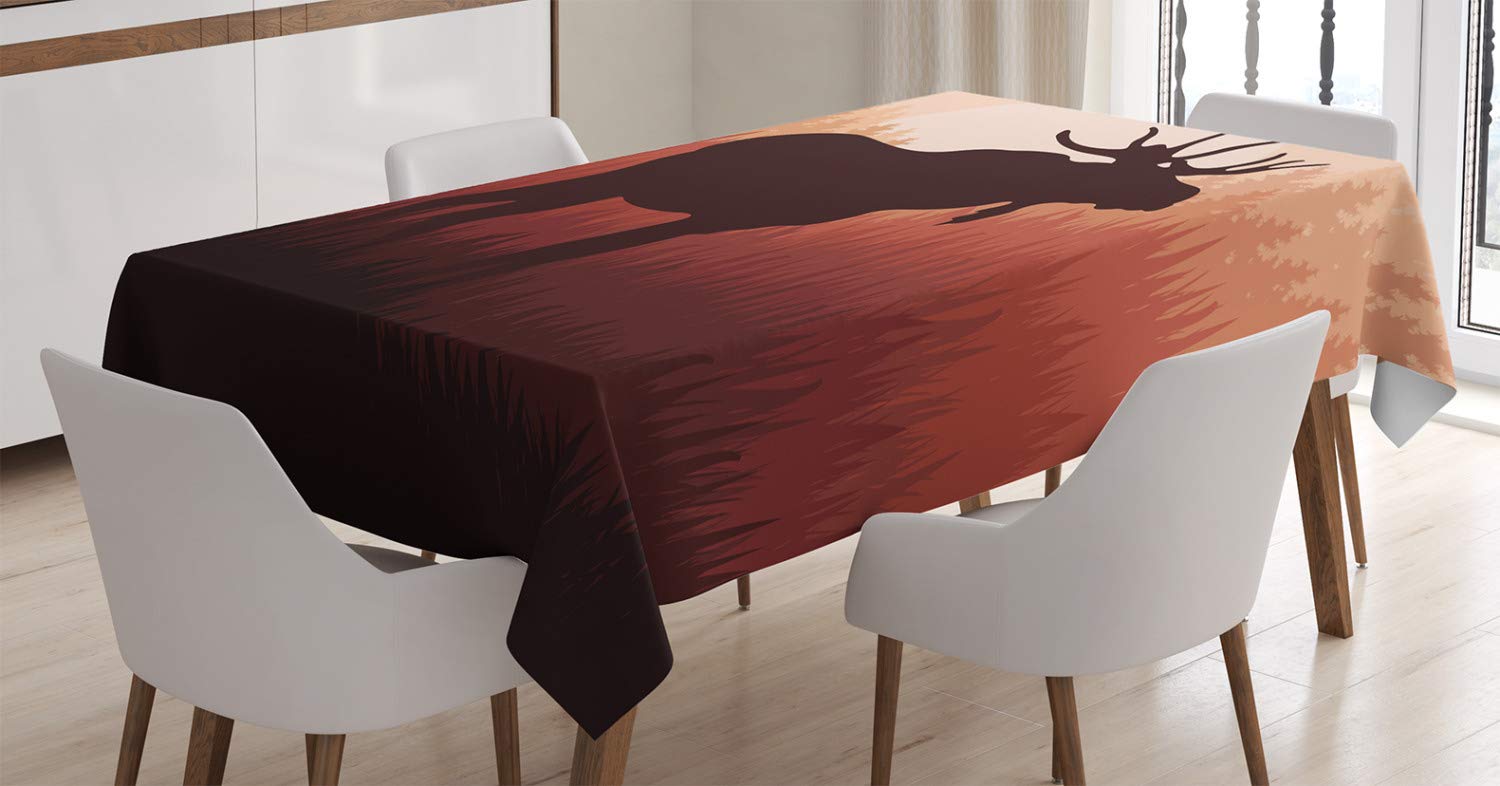 ABAKUHAUS Moose Tablecloth, Antlers in Wild Alaska Forest Rusty Abstract Landscape Design Deer Theme Woods, ining Room Kitchen Rectangular Table Cover, 54 W X 94 L, Peach and Brown