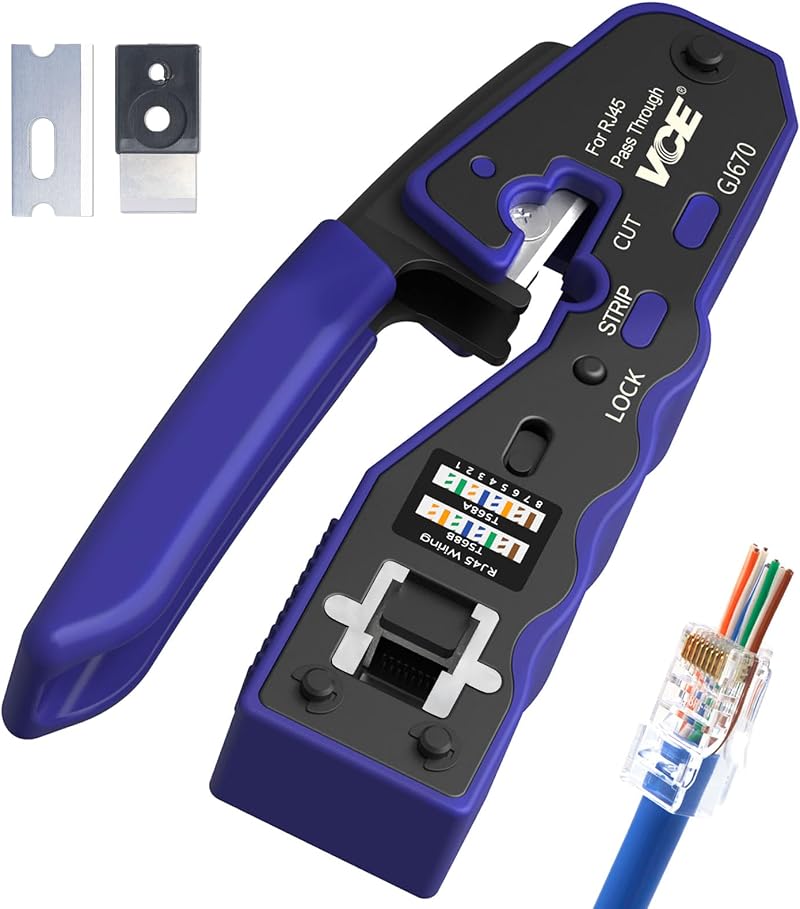 VCE GJ670BL Pass-Through RJ45 Crimp Tool Cat5e/Cat6/Cat7 with Stripper & Cutter