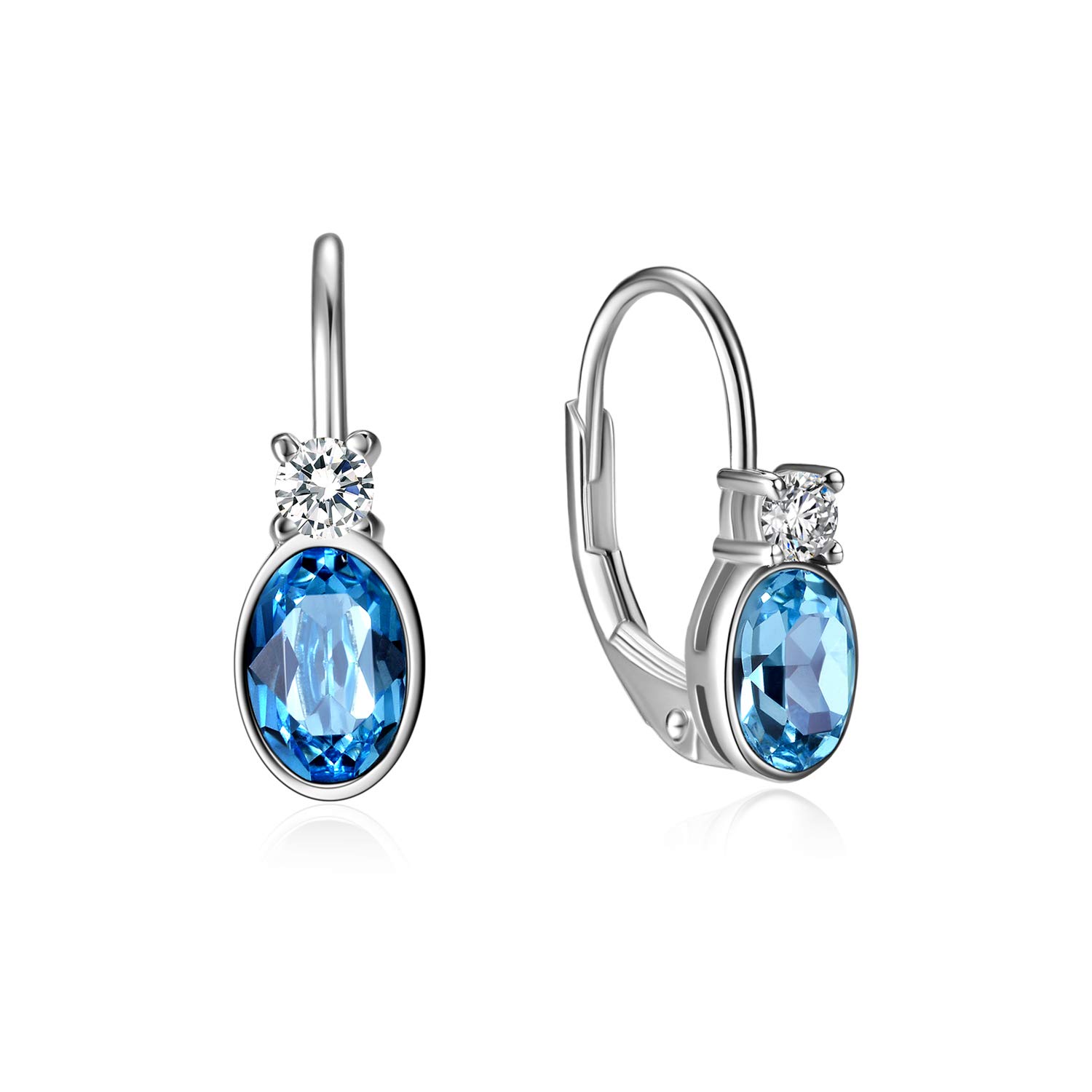 AOBOCO 925 Sterling Silver Leverback Earrings with Aquamarine Crystal, Hypoallergenic Jewellery Birthday Gifts for Women Girls (March)