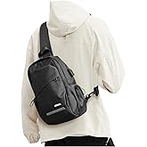 SEAFEW Small Black Sling Backpack Travel Hiking Daypack, Crossbody Sling Bag with USB Charging Port for Men Women 3 Layer Pockets One Shoulder Bag for Outdoor Sports Casual Commuting