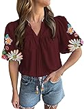 Women's Casual Floral Embroidered V Neck Boho Puff