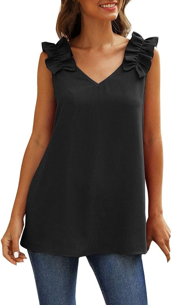 FONMA Womens Fashion V Neck Sleeveless Pleated Shoulder Casual Elegant Tank Tops