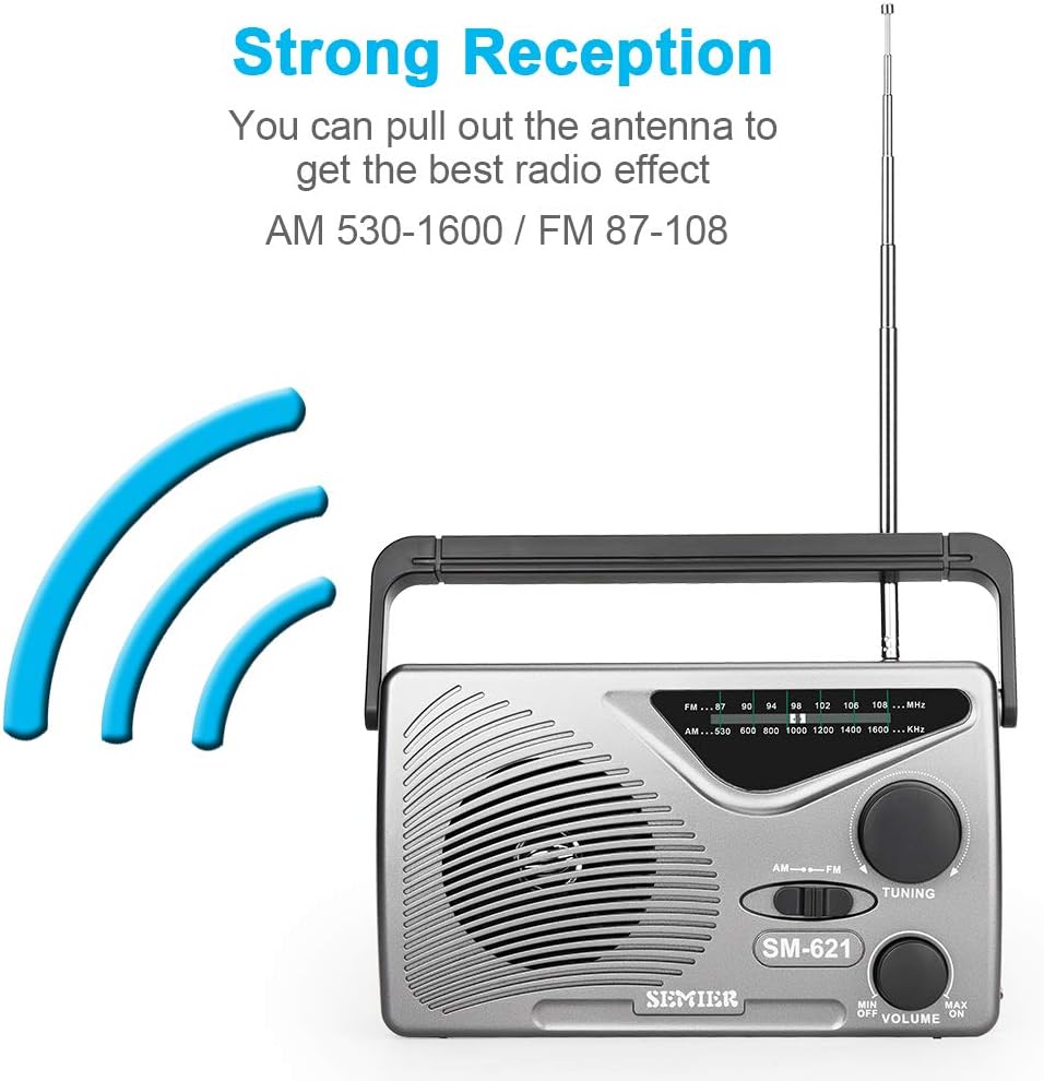 SEMIER AM FM Portable Radio, AC Power or Battery Operated by 2xD Cell Batteries Compact Transistor Radios, Big Speaker, Standard Earphone Jack and Large Knob (Battery not Included): Home Audio & Theater
