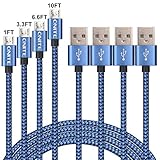 Onite 4 Pack of 1ft 3.3ft 6.6ft 10ft Braided Micro USB Charger Cable for LG Tribute HD Stylo 3 K7 K8, Samsung Galaxy J7 J5 S7 S6 S5, Note 3 4 5, Moto E G, Sony Xperia XA Ultra, BLU R1 Advance (Blue)