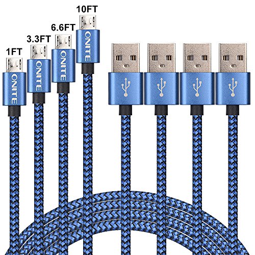 Onite 4 Pack of 1ft 3.3ft 6.6ft 10ft Braided Micro USB Charger Cable for LG Tribute HD Stylo 3 K7 K8, Samsung Galaxy J7 J5 S7 S6 S5, Note 3 4 5, Moto E G, Sony Xperia XA Ultra, BLU R1 Advance (Blue)