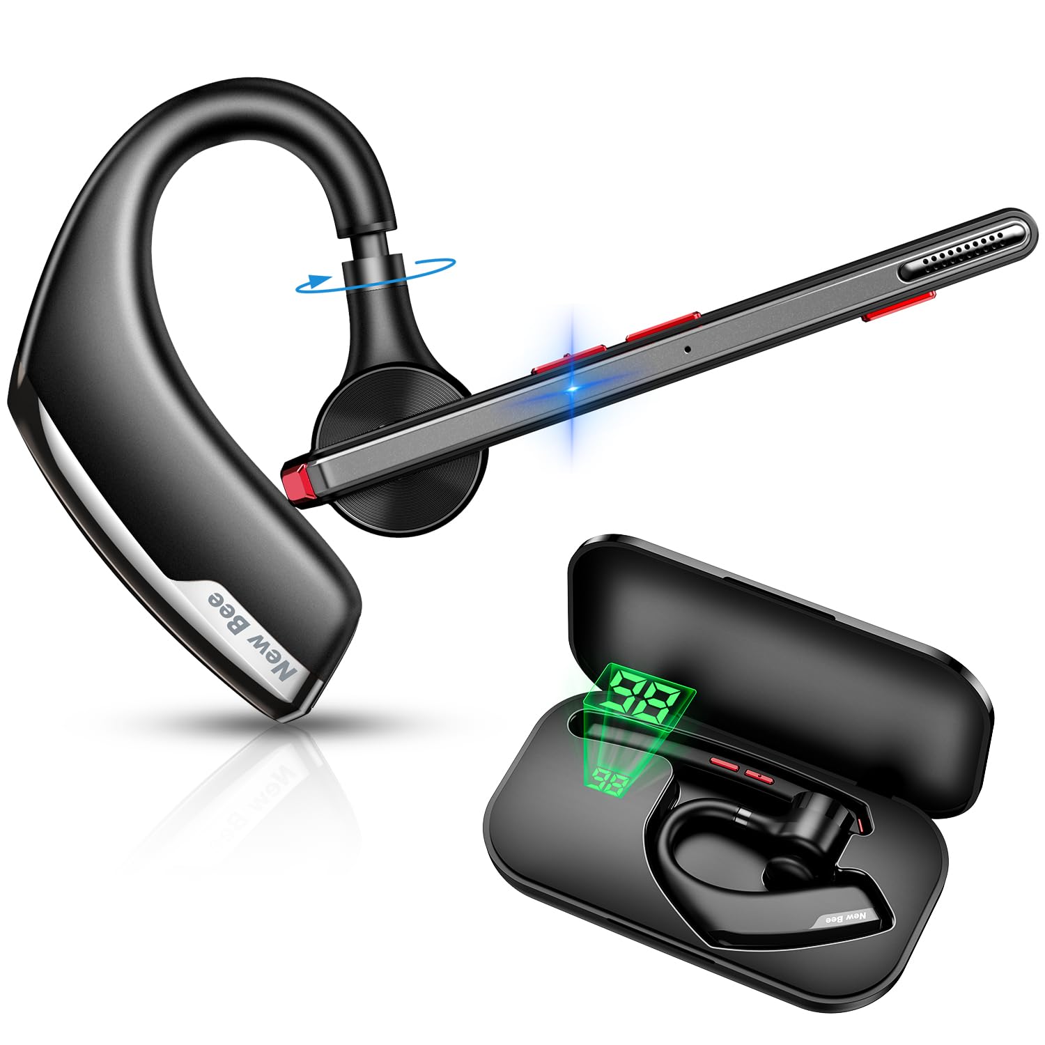 New Bee Bluetoothヘッドセット 片耳 Bluetoothイヤホン ハンズフリー通話 Bluetooth5.2 CVC8.0 片耳イヤホン 耳掛け型 左右兼用 ノイズキャンセリング 両マイク内蔵 ミュート機能/Siri対応 2台同時接続 軽量 快適装着 日本無線電波認証214-230391 黒 M51商品画像