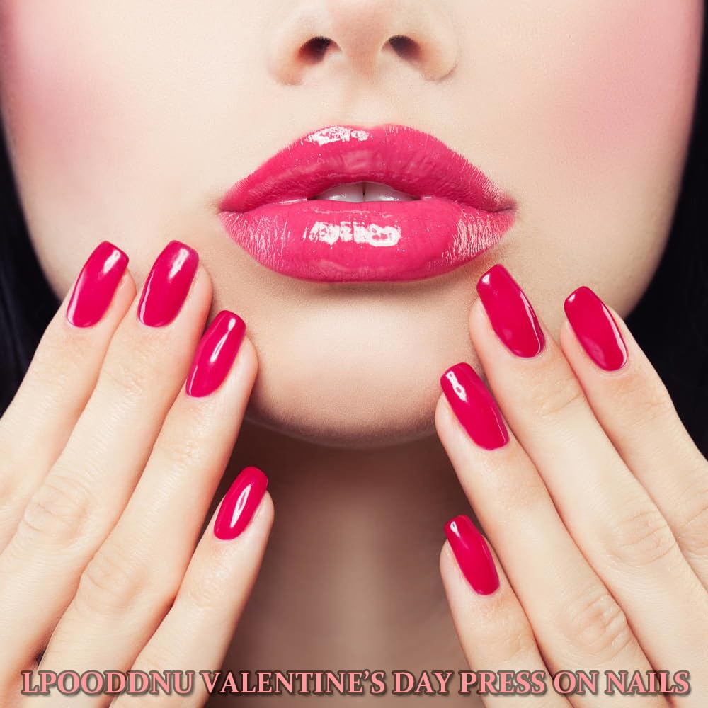 Red Heart Press on Nails Valentines Fake Nails, LPOODDNU White French Tip Almond Press on Nails Short False Nails Cute Valentines Almond Stick on Nails for Women Nail Art Decorations 24Pcs - Image 7