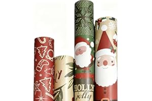 Christmas Gift Wrapping Paper 4 Rolls Large Xmas Gift Wrapping Paper (17 Inch x 10 Feet) Kraft Paper Material with 4 Festive 