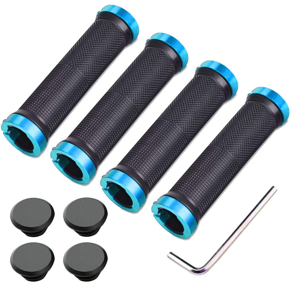 Aiqeer 2 Pairs Bike Handlebar Grips, Anti-Slip Rubber Bicycle Handle Grips with Aluminum Double Lock, Bike Handle Protector for MTB BMX (Blue)
