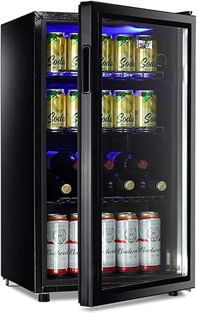 Beverage Cooler Glass Door 100Can Beverage Refrigerator Cooler Mini Fridge Cooler Drink Juice Soda Cooler Adjustable Shelves LED Lights for Home Office Dorm