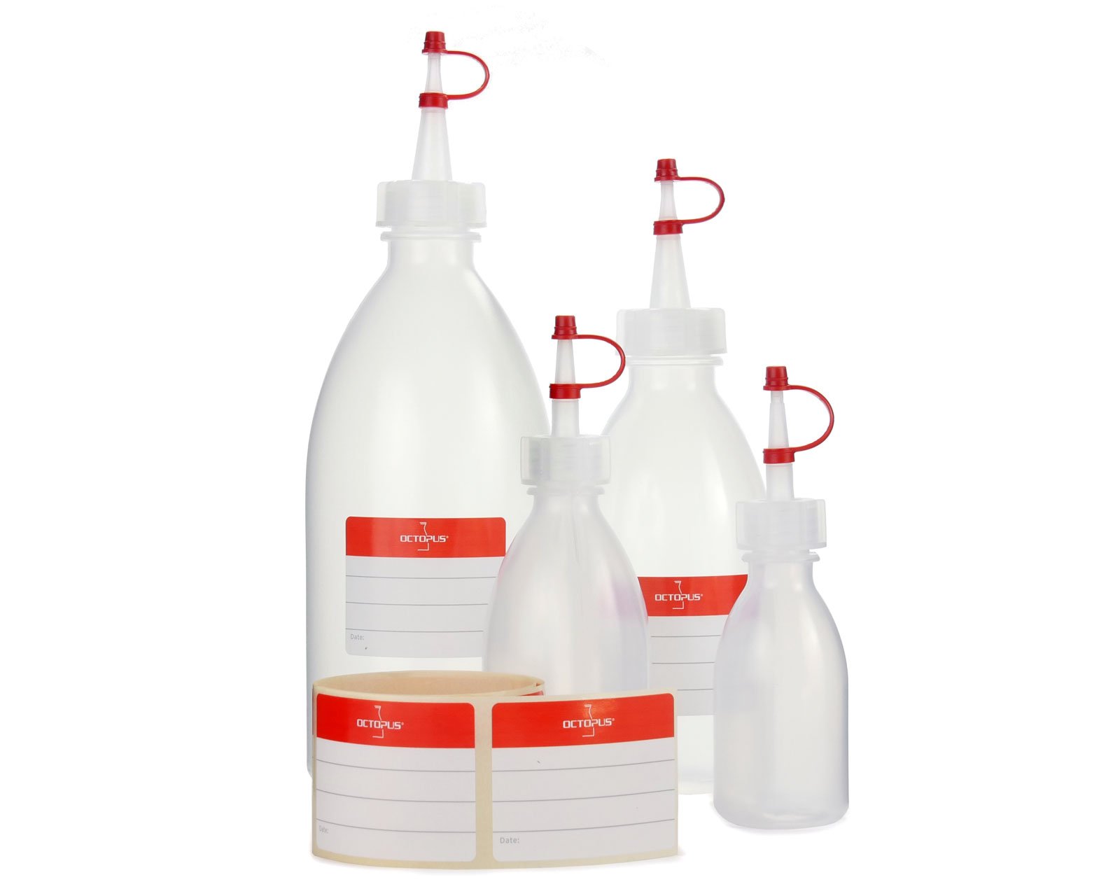 4 x squeeze bottles with 50 ml, 100 ml, 250 ml, 500 ml volume, spray bottles made of LDPE with drip stopper, garnish bottles, decorative bottle for kitchen, hobby or laboratory.