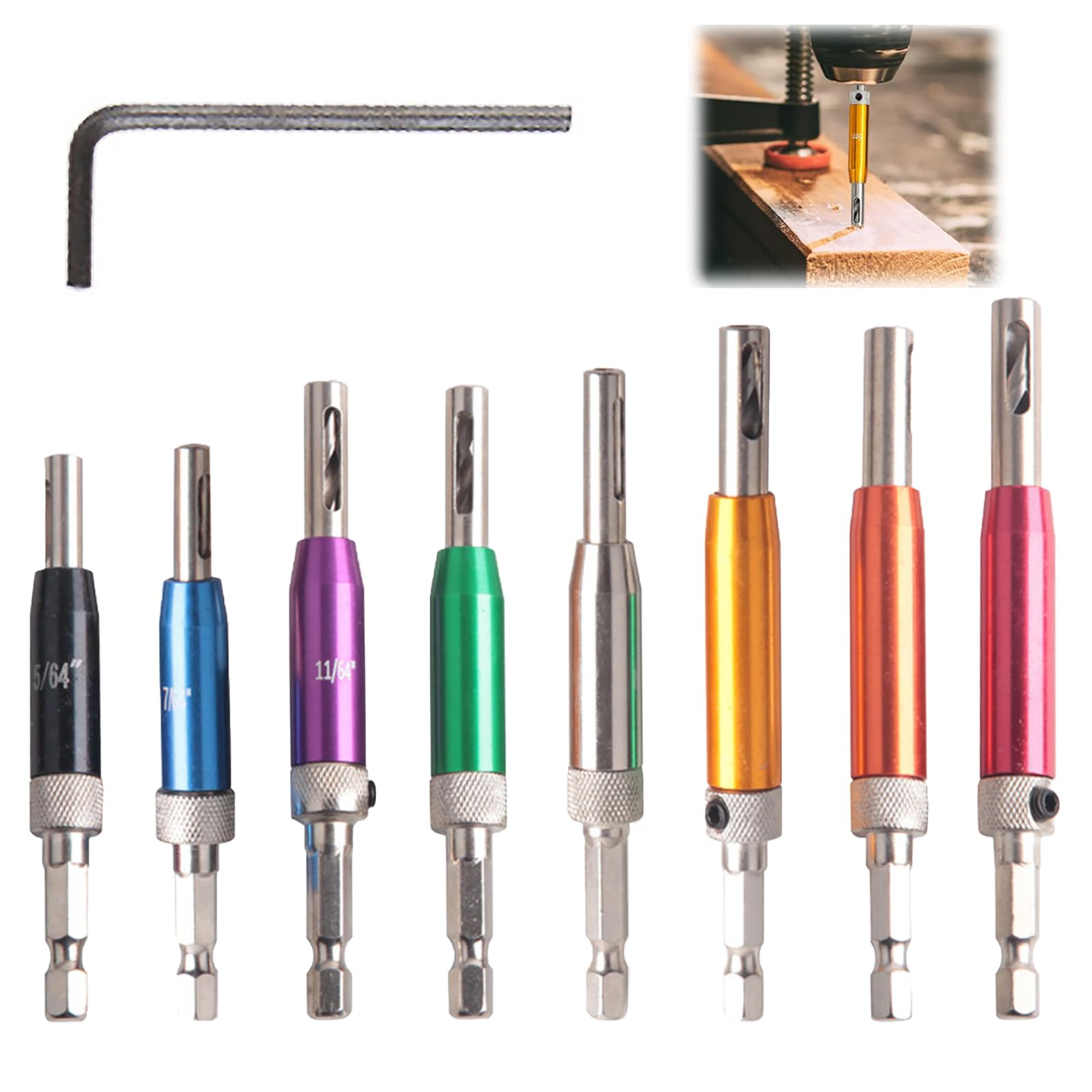 Xiciki 8PCS Hinge Drill Bit Set, Hinge Drill Bit Self Centring with 1/4" Hex Shank，Self Centering Drill Bit Set for Wood, Cabinets, Doors and Metal Stainless, Includes Multiple Sizes and Allen Wrench