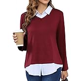 MISS FORTUNE Women's V-Neck Fall Winter Sweater Collar 2 in 1 Casual Long Sleeve Patchwork Office Pullover Shirts 2025