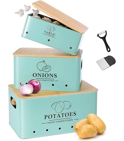Dekosilave Kitchen Vegetable Storage Set Of 3 - Metal Potato, Onion, Garlic Containers With Aerating Holes & Bamboo Lids, Blue - View #13