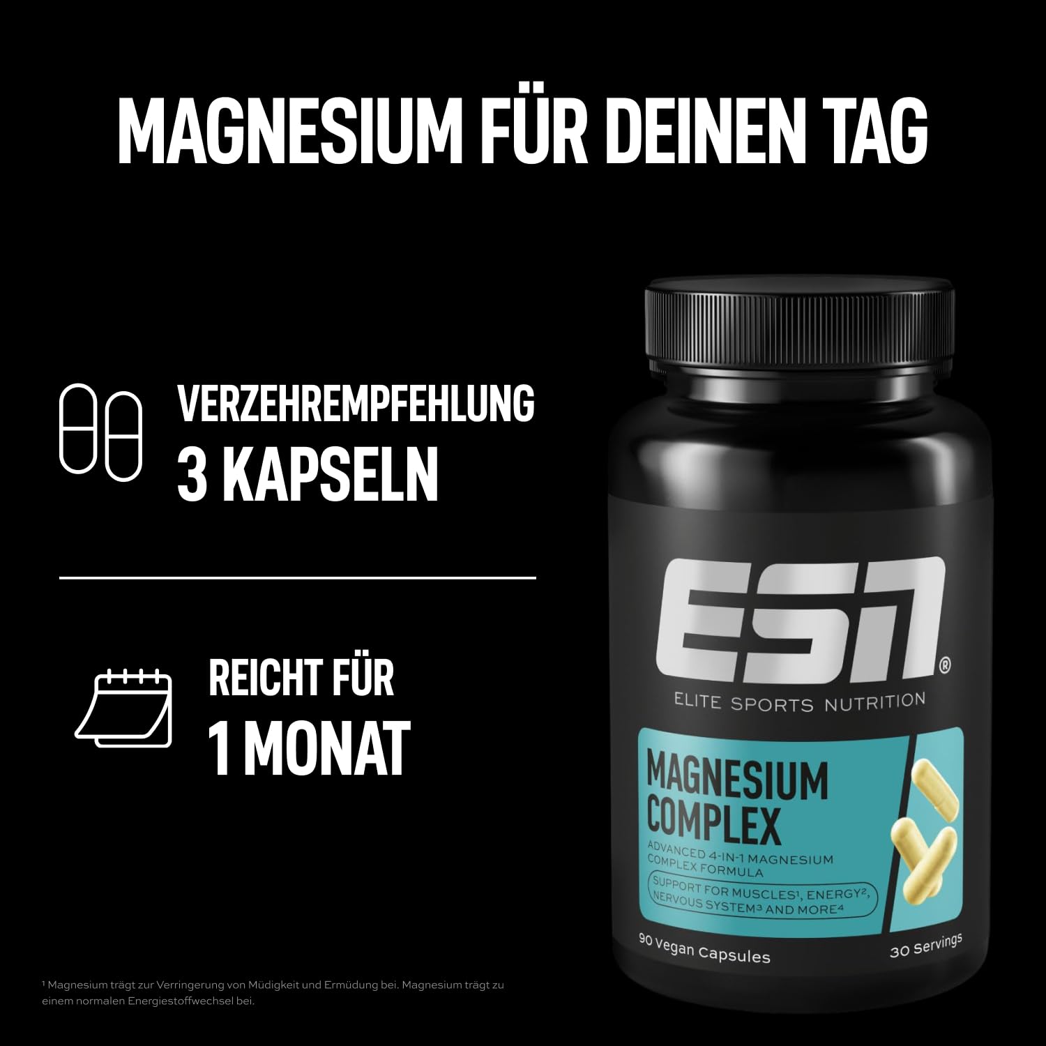 ESN Magnesium Complex - hochdosiertes Nahrungsergänzungsmittel mit 4-in-1 Komplex Formel - 323 mg Magnesium pro Tagesportion - vegan - 90 Kapseln, 30 Portionen 6