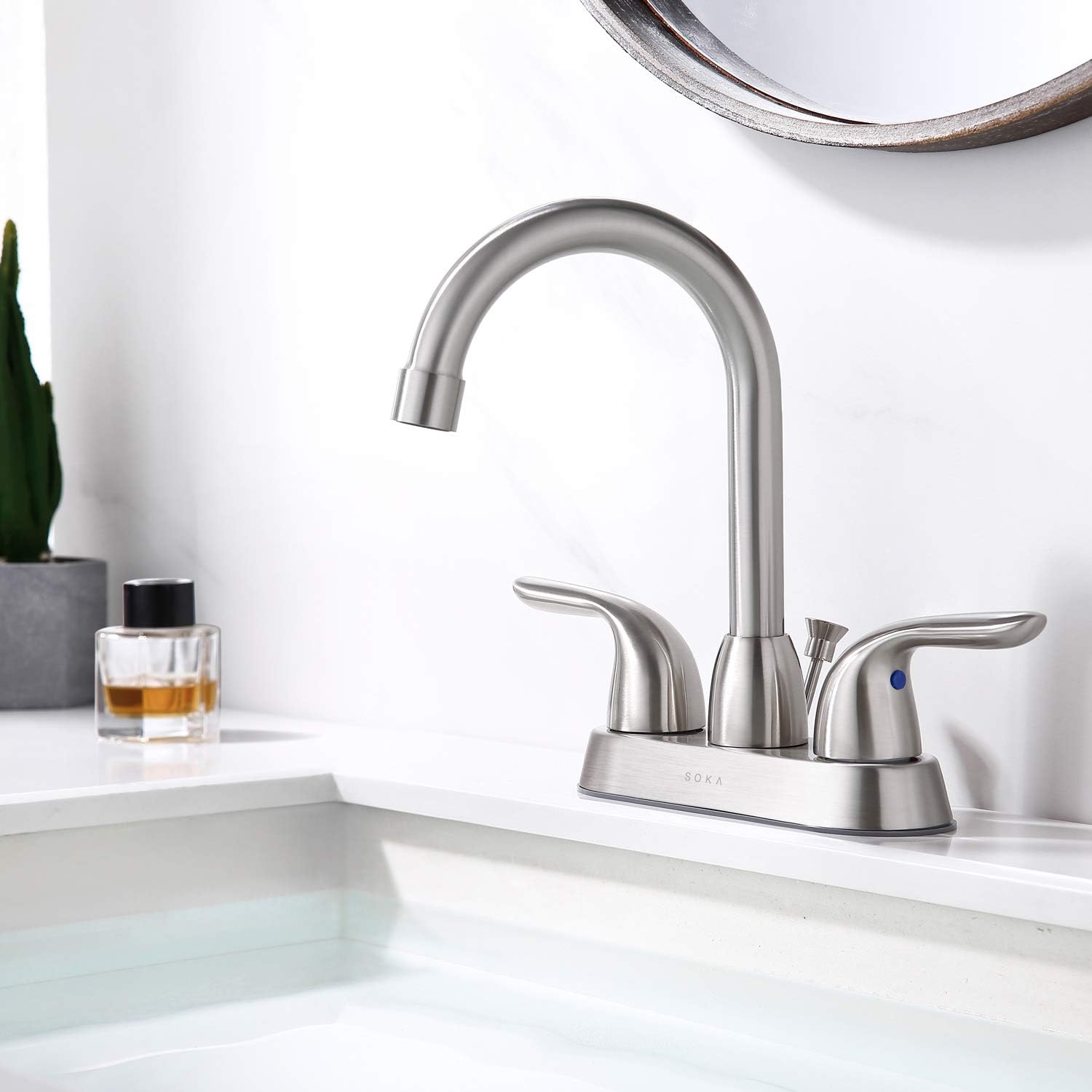 SOKA 2 Handle Bathroom Faucet Brushed Nickel, 4 Inch Brushed Nickel Bathroom Sink Faucet Centerset with Drain Assembly and Supply Hoses, RV Bathroom Faucet 3 Holes, Brushed Nickel Bathroom Faucet - - 