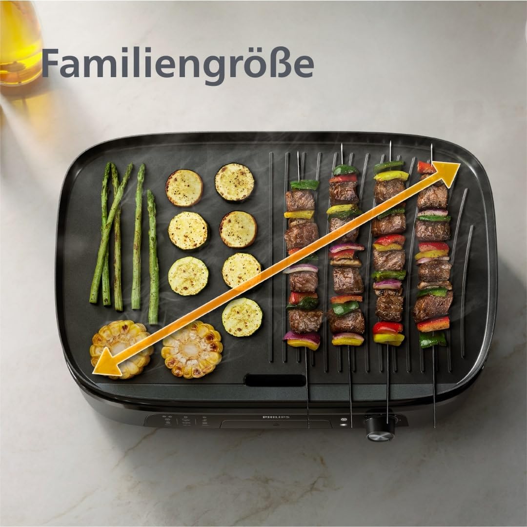 Philips Tischgrill 3000 Series – Große Grillfläche, 2400 W Schnellaufheizung, 5 Temperaturstufen, Antihaftbeschichtung, Einfache Reinigung (HD6210/95) 3