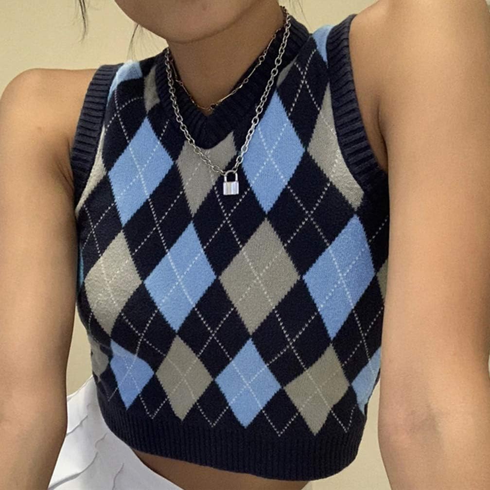 Grneric Women Argyle Preppy Style Sweater Vest Sleeveless V Neck Knitwear Knit Tank Top at  Women’s Clothing store