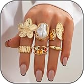 ZDPIQ Chunky Gold Rings for Women Non Tarnish 6 PCS Vintage Stackable Flower Baroque Pearl Rhinestone Rings set Adjustable Trendy Statement Jewelry
