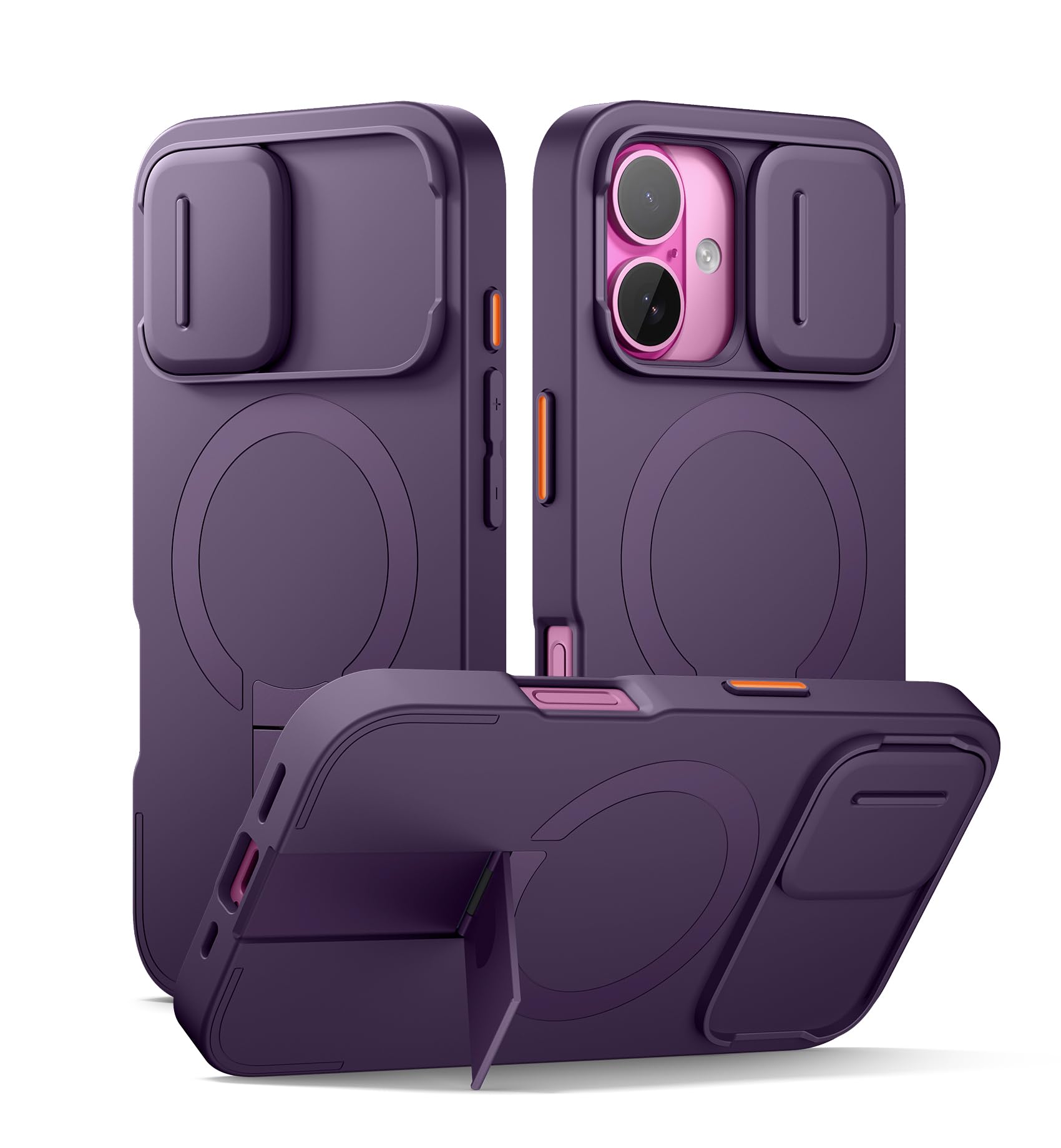 Photo 1 of SURITCH for iPhone 16 Case with Magnetic Camera Slide Cover and Adjustable Kickstand, Compatible with MagSafe, Shockproof Bumper Case Slim Protective Cover 6.1 Inch, Dark Purple