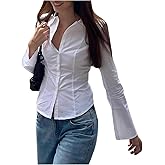 Women Long Sleeve Slim Button Up Shirt Solid Color Y2K Button Down Blouse Vintage Slim Fitted Collared Dressy Top