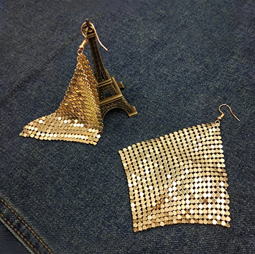 Suyi Trendy Women Earrings Metal Mesh Grid Sequins Tassel Long Drop Dangle Earrings Gold