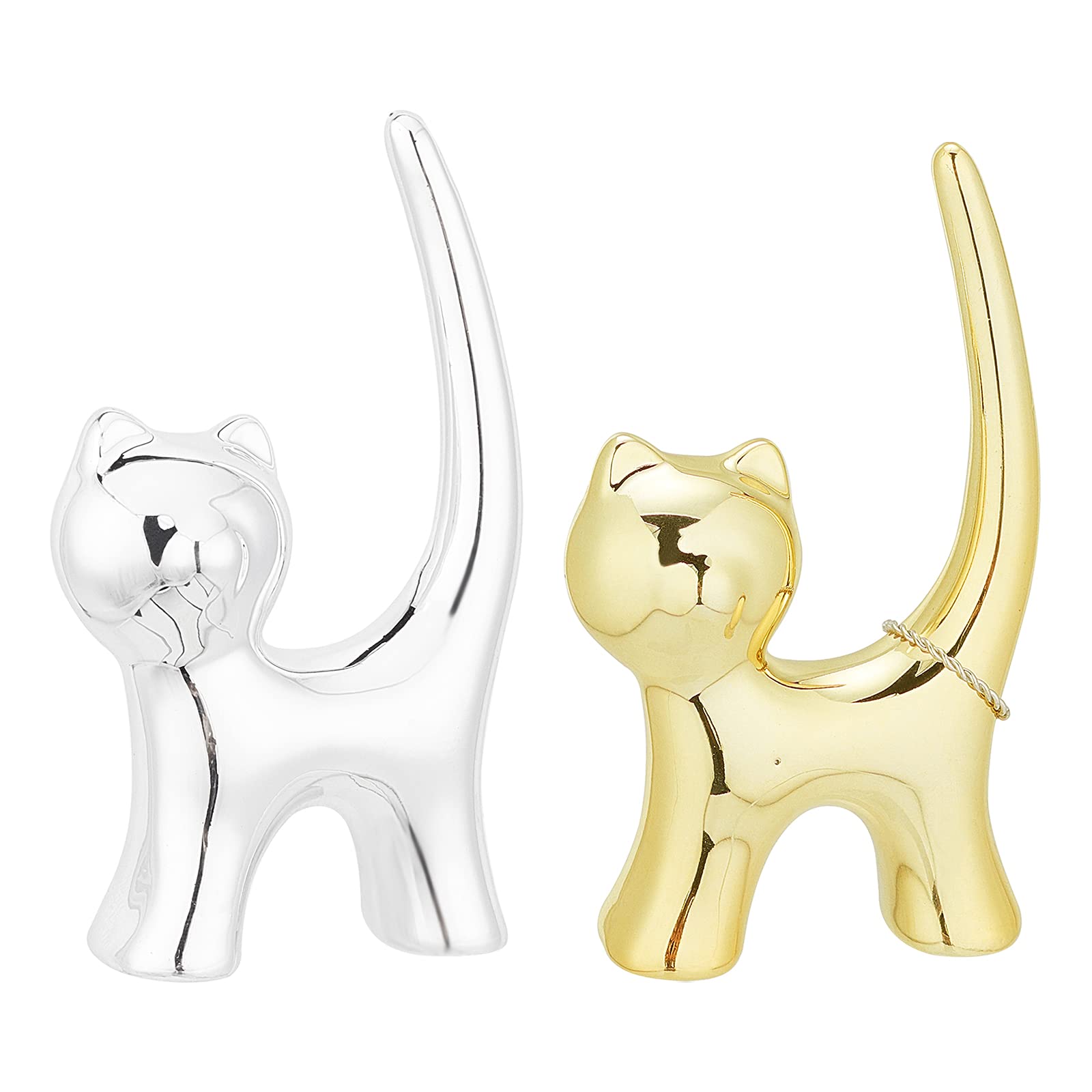 FINGERINSPIRE Silver & Gold Cat Ring Holder 2 Pcs 58.5x24x104mm Porcelain Cat Home Display Decorations for Jewelry Display Great Birthday Wedding Festival Gifts…