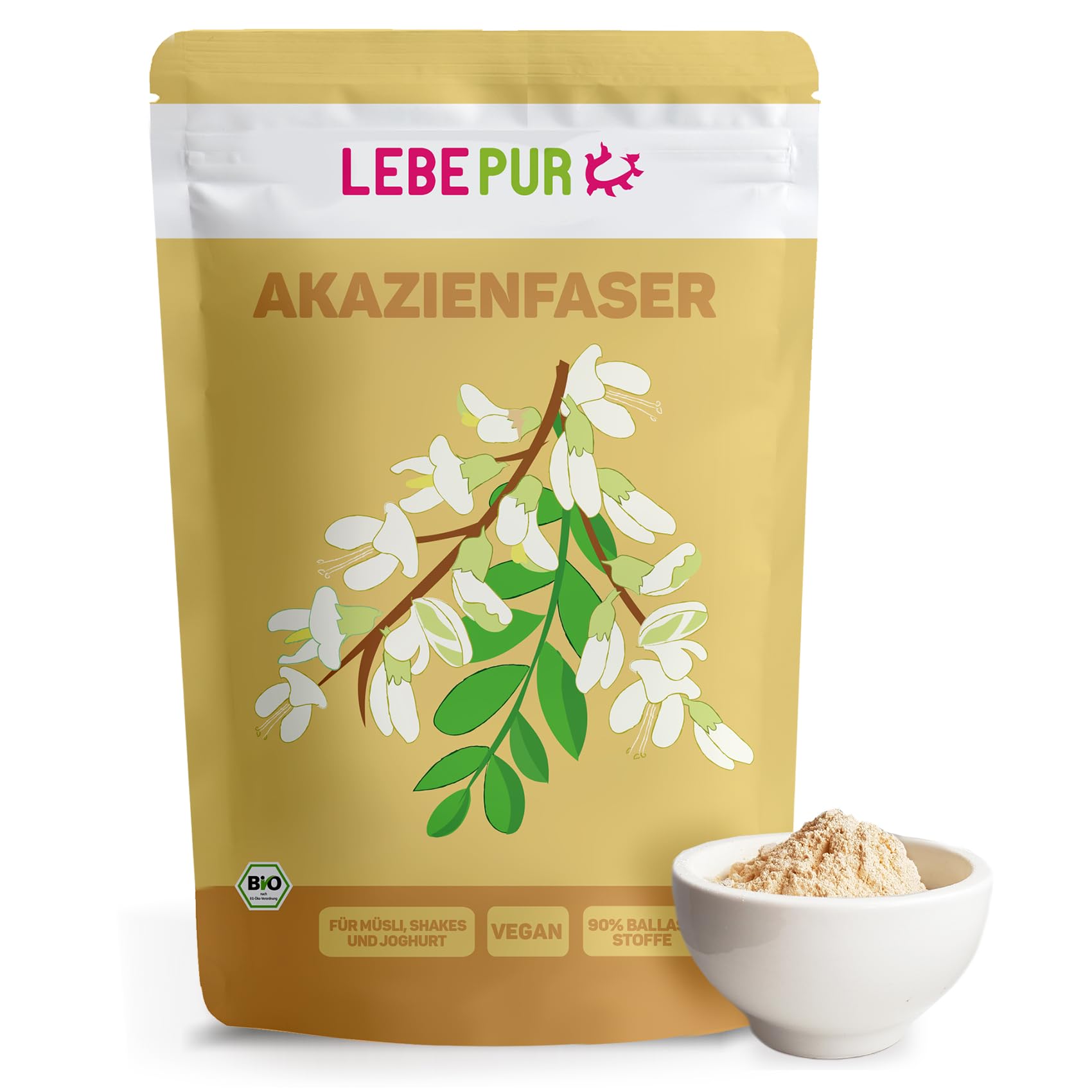 Lebepur BIO Akazienfasern vegan 500g, 90% Ballaststoffe, geschmacks- und geruchsneutral, Akazienfaser Pulver, glutenfrei, ohne Zusatzstoffe, hoher Ballaststoffgehalt mit 90g pro 100g