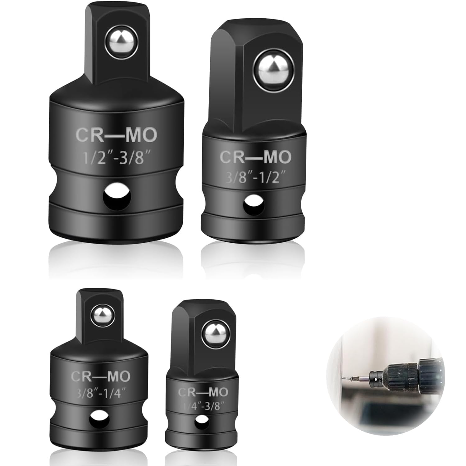 Impact Socket Set for Ratchet Driver - includes 4 PCS Socket Adapters (1/4 to 3/8, 1/2 to 3/8), Black