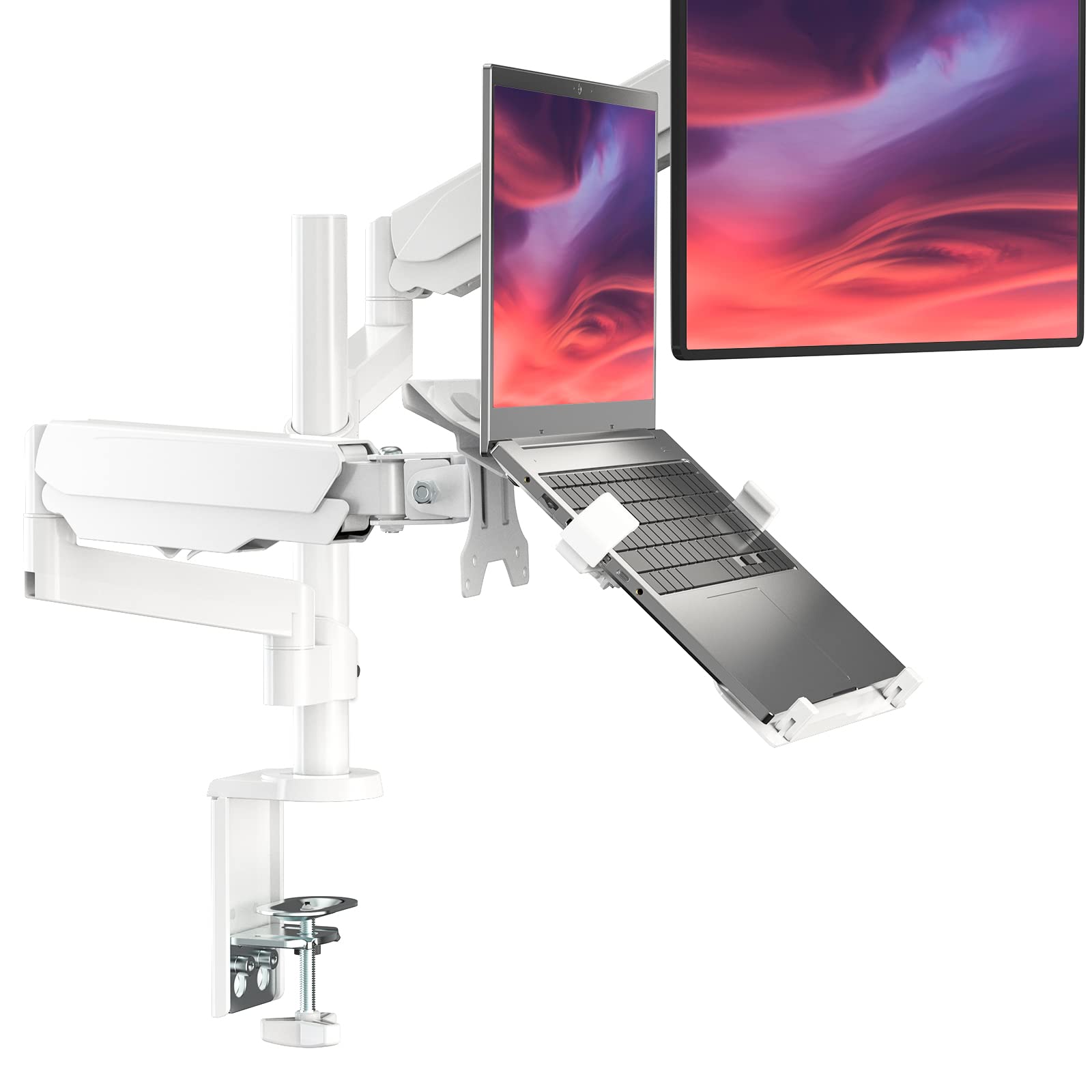 Photo 1 of WALI Monitor Laptop Mount Stand, Laptop Gas Spring Arm Mount, Laptop Tray up to 15.6 inch, Monitor up to 32 inch, 17.6lbs (GSDM002LPW), White