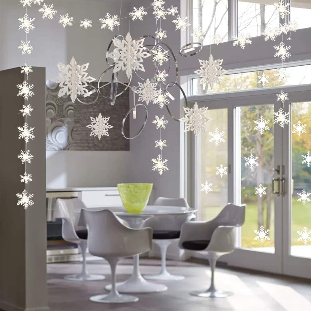 Snowflake Garland Kit, 24pcs 3D Christmas Snowflake Garland Flags & 6pcs Large 3D Hanging Paper Snowflake Decorations & 12pcs Snowflake Sticker for Wedding/Frozen/New Year Party Decorations (White)