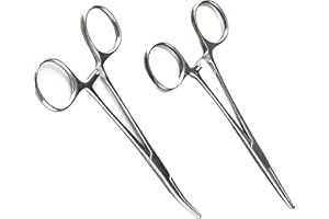 MEDTOOL 2 pcs Fishing Clamp Set 5" Straight and Curved Hemostat Forceps Locking Tweezers Clamp Stainless Steel Silver