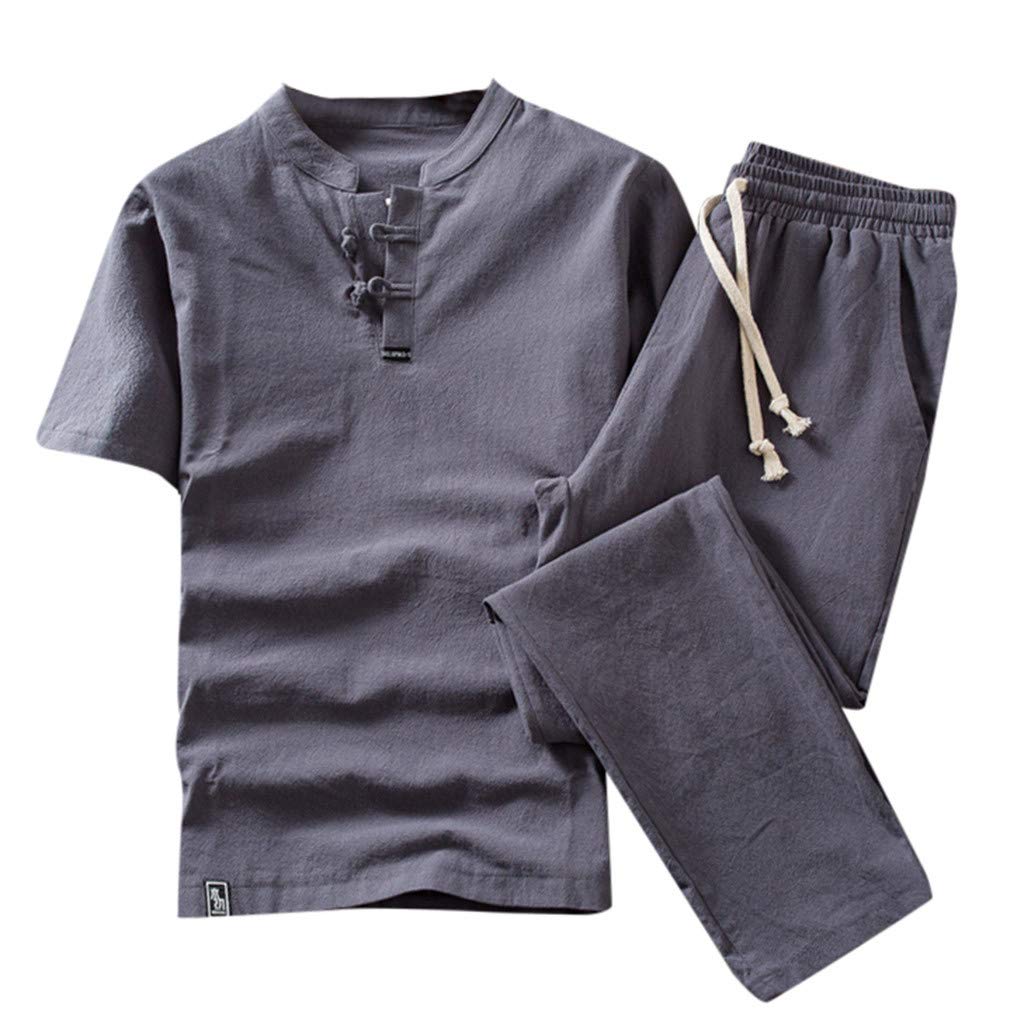 JYJM Homme Costume Shirt en Lin Shirt Décontracté Rollant Manches Demi  Patte de Boutonnage Chiné Col Mao T-Shirt+Pantalons Blousons Homme