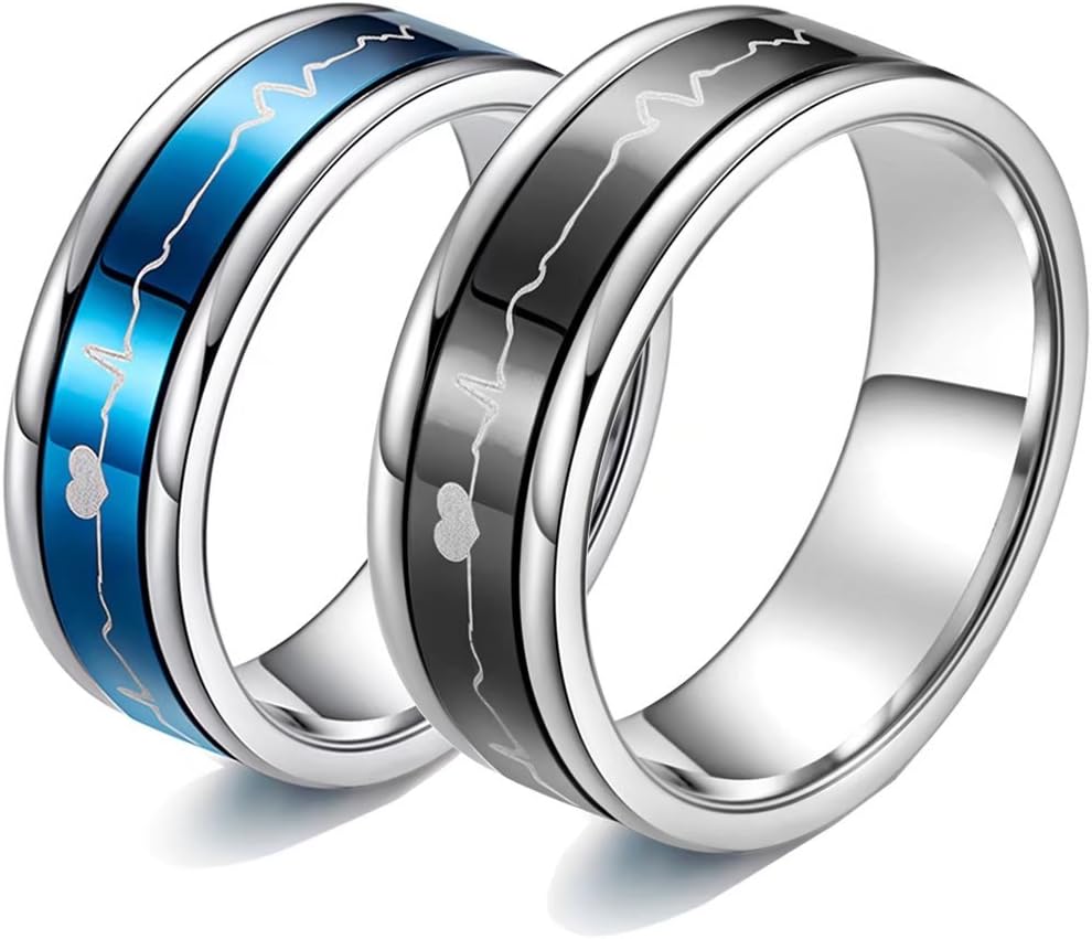 Romantic Matching Couple Rings Titanium Steel Wedding Bands Black Blue Comfort Fit Rotatable ECG HeartBeat His and Her Promise Special Gifts