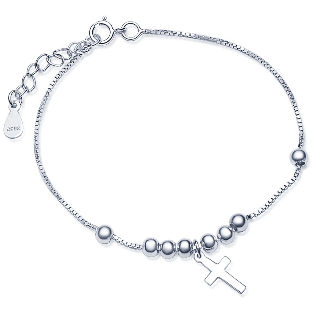 Yumilok 925 Sterling Silver Women Charm Bracelet Cross Beads Link Bracelet Hand Chain with Extension