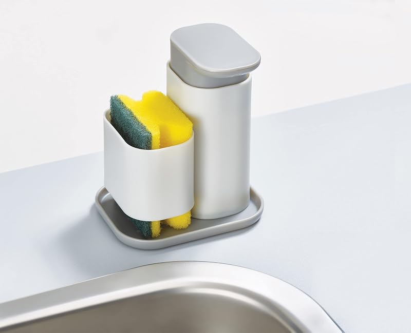 Duplo dispensador de sabonete de cozinha com suporte para esponja, organizador e arrumação para o pia da cozinha, cinzento