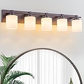 BrkNit 5 Light Modern Bathroom Light Fixtures Over Mirror, Bronze Finish Vanity Lights for Bathroom Wall Sconces with Milky W