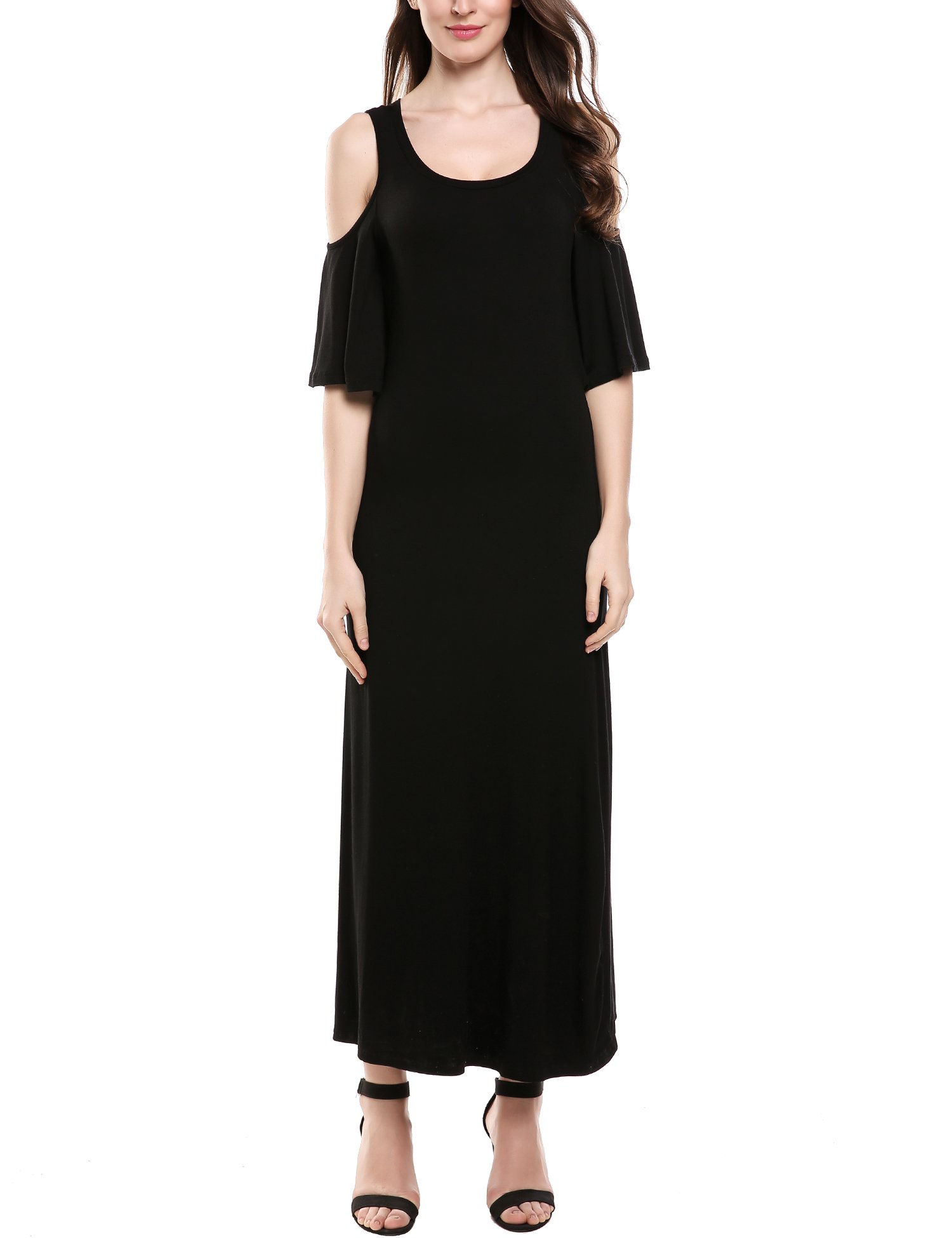 Elesol Women\'s Cold Shoulder Round Neck Ruffle Sleeve Maxi Dress Black S